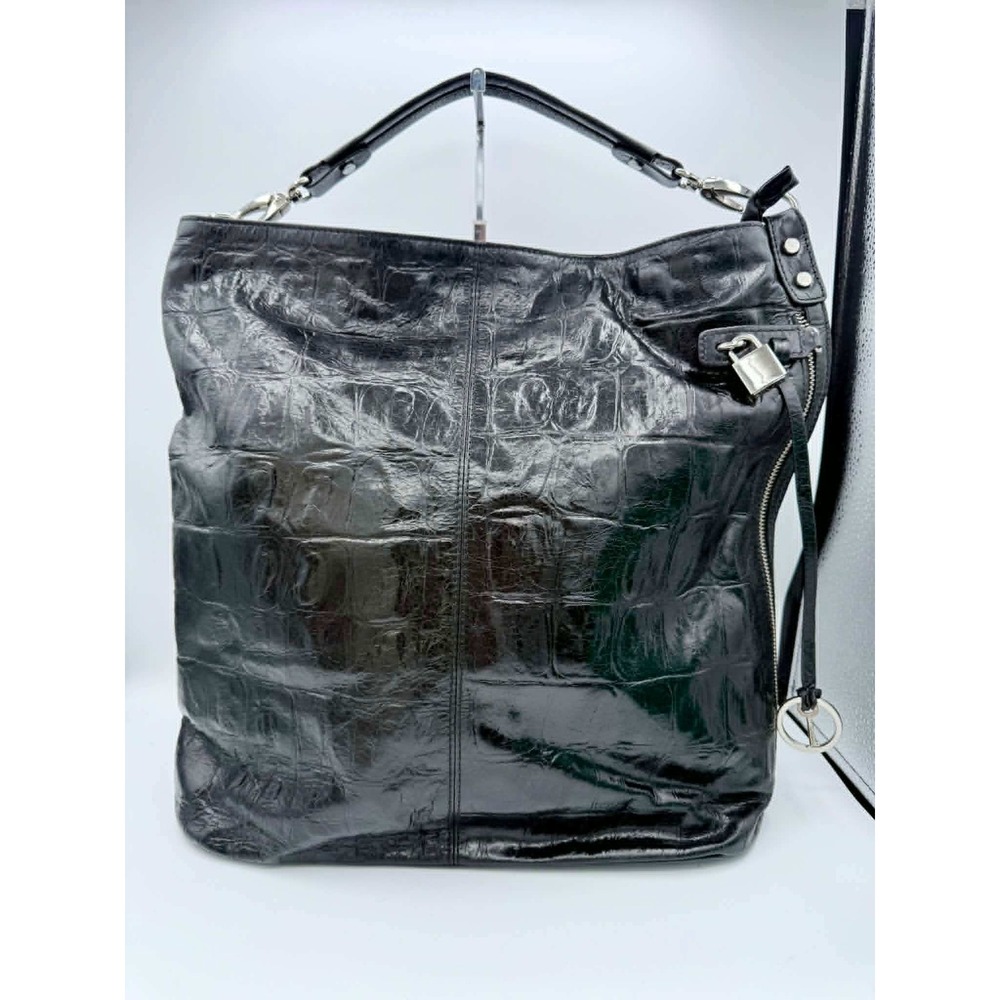 Gianni Conti Black Crocodile Embossed Leather Hobo Bag Italy